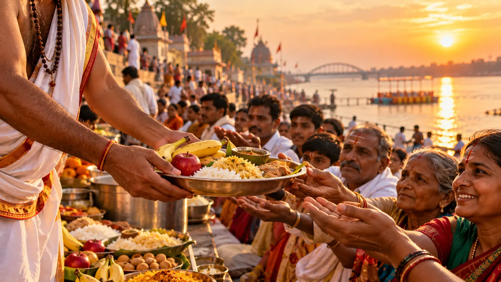 Hands offering food and charity during the Godavari Pushkaralu