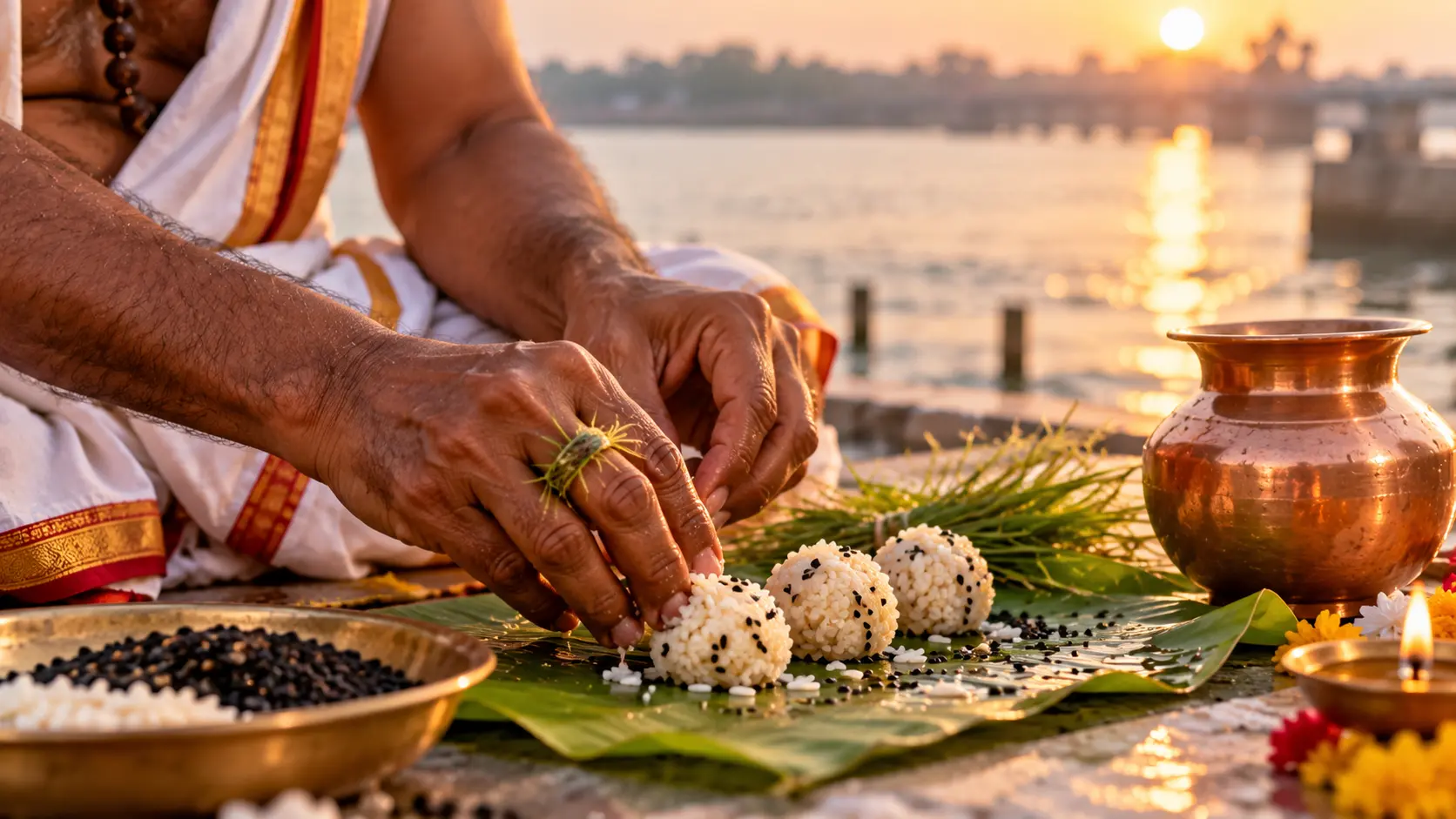 A priest arranging rice balls for Pinda Pradanam at the river
