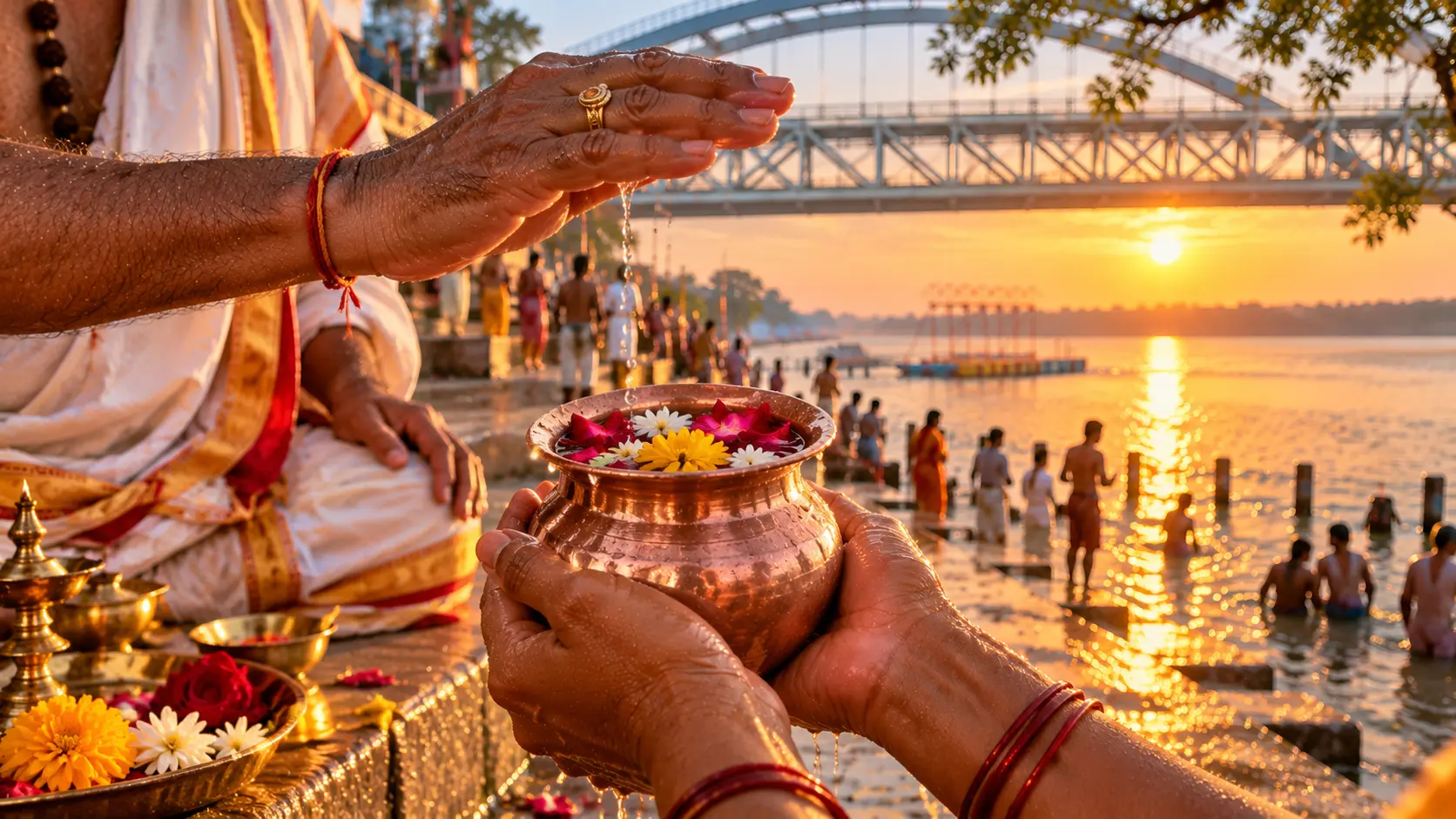 Pilgrim holding a copper vessel of water to take the Maha Sankalpam vow at the Godavari river
