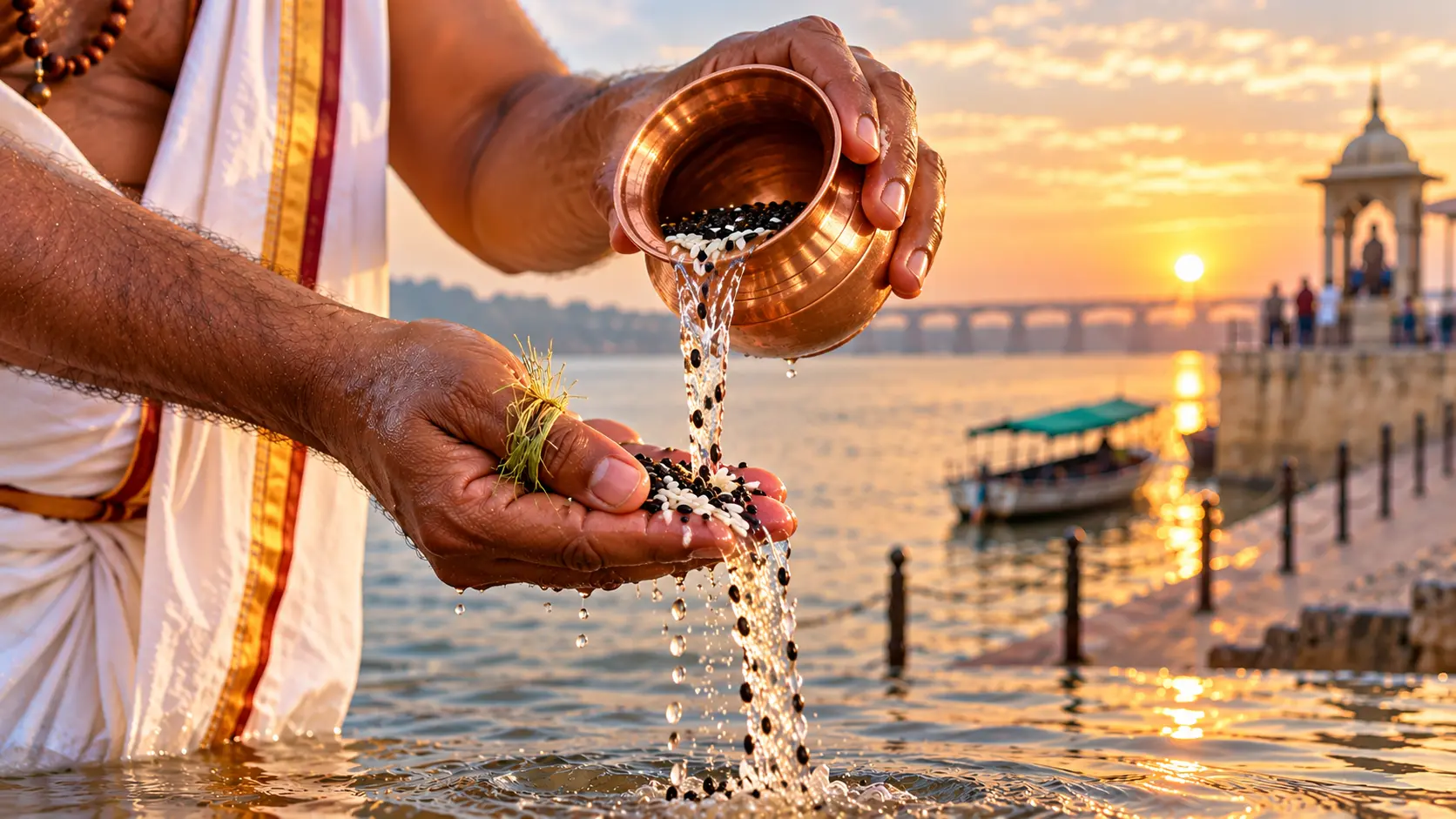 Priest performing Tarpanam with rice, black sesame seeds, and water at the Godavari river